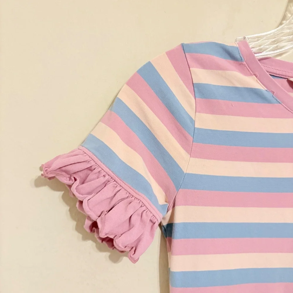 Matilda Jane Girls Emery Pink Blue Striped Ruffle Sleeve Dress Size 10 32005D